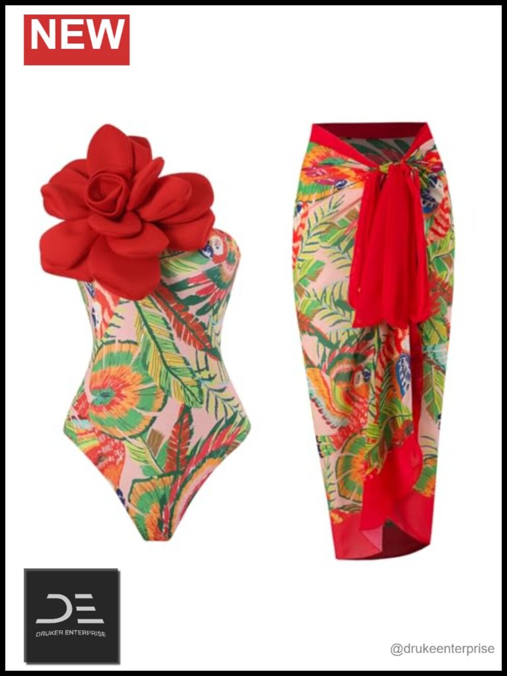 One Piece Swimsuit with Wrap Skirt Sarong Cover Up